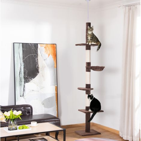 Kratzbaum deckenhoch aus Sisal und Plüsch, braun, 5 Ebenen zum Kratzen, Ruhen und Klettern, 40 x 34 x 230-260 cm (1/5)