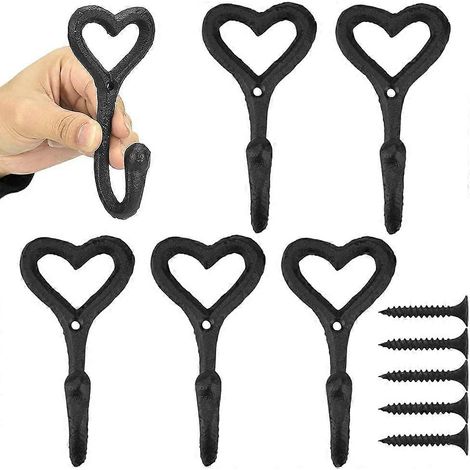 Lot de 6 patères murales fantaisie noires en forme de cœurs, style rustique vintage, en fonte, avec vis.