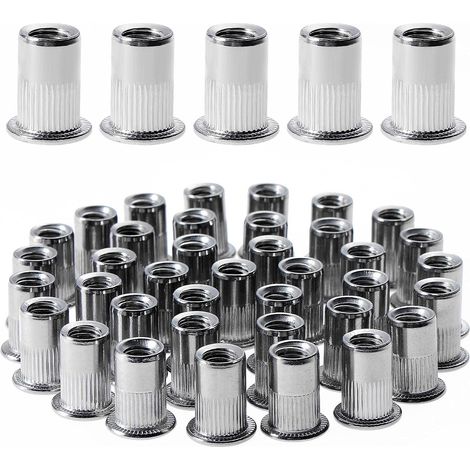 100 pièces M6 écrou à rivet fileté à tête plate, écrous à riveter fileter en acier inoxydable, assortiment inserts filetés pour mental plastique (12 mm 15 mm) (1/5)