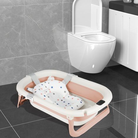 Hofuton Baignoire Bébé Pliable avec Thermometre Digital, Baignoire Bébé avec Coussin et Prise Pommeau de Douche, Convient Aux Bébés de 0 à 36 Mois, Ergonomique et Peu Encombrante (Rose)