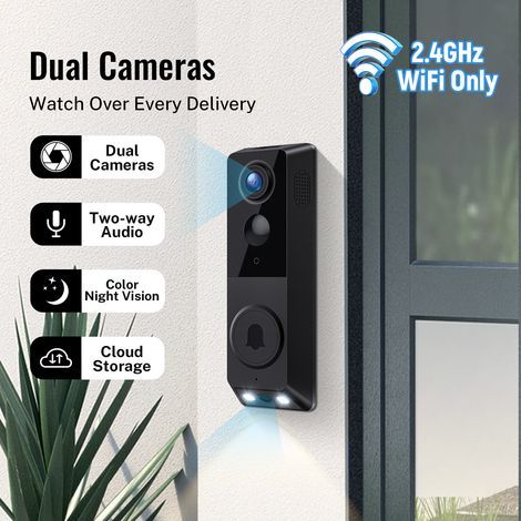 Sonnette vidéo double objectif, sonnette sans fil extérieure étanche, convertisseur vocal, audio bidirectionnel, Wi-Fi 2,4 GHz, noire, idéale pour la maison et l'hôtel (1/5)