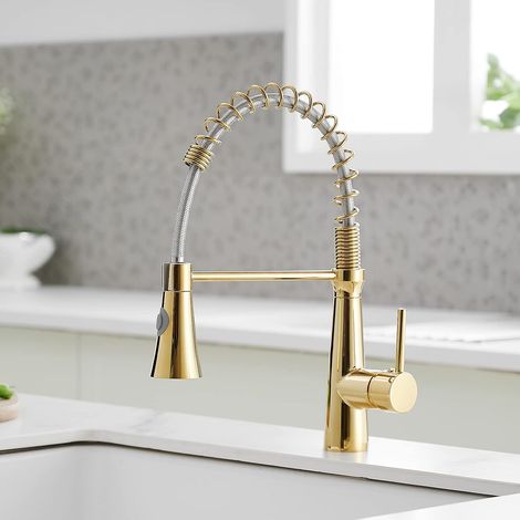 Robinet de cuisine, robinet à ressort en spirale, robinet de cuisine rotatif à 360°, robinet en laiton, robinet doré - avec conduite d'eau (1/5)