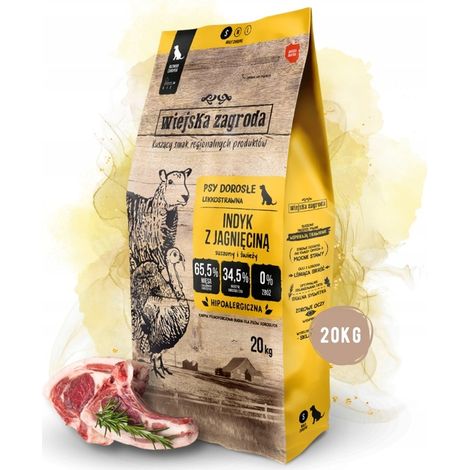 Alimento seco para perros Wiejska Zagroda, sabor pavo con cordero, razas pequeñas, talla S, 20 kg.