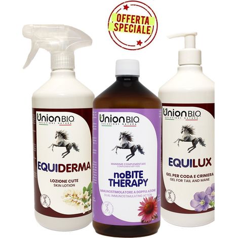 KIT DERMATITE: Equiderma lozione 1 lt più Equilux gel 1 lt più NoBITE THERAPY mangime 1 lt