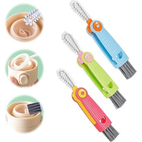 Set di 3 spazzole 3 in 1 per la pulizia di coperchi di tazze, tappi di bottiglie e fessure spazzola multifunzionale adatta a diverse tazze e bottiglie. (1/5)
