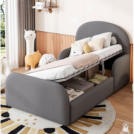 Cama infantil tapizada 90x200 con almacenaje hidráulico, terciopelo gris, OKWISH (1/5)