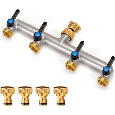 Distributeur d'eau à 4 voies en laiton, adaptateur de 3/4" avec 4 raccords de robinet de 3/4" à 1/2" pour maison, cour, machine à laver (1/5)