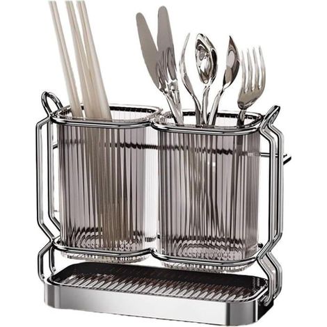Porte-couverts - Double étagère, support en acier inoxydable - pour montage mural ou sur plan de travail - Avec bac récupérateur de gouttes amovible - Gris - Porte-couverts de cuisine... (1/5)