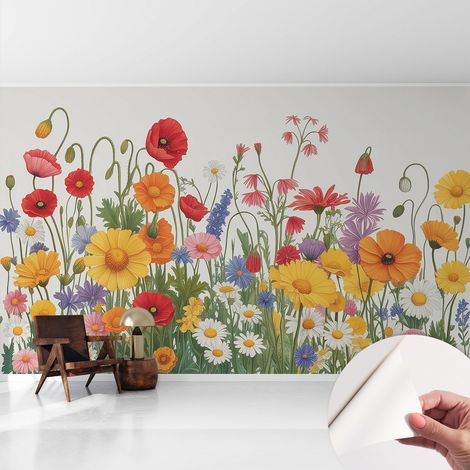 Papier peint autocollant décoratif à motifs pour salon chambre et bureau Tapete adhésif pour décoration Prairie fleurie 416x254 cm (1/5)