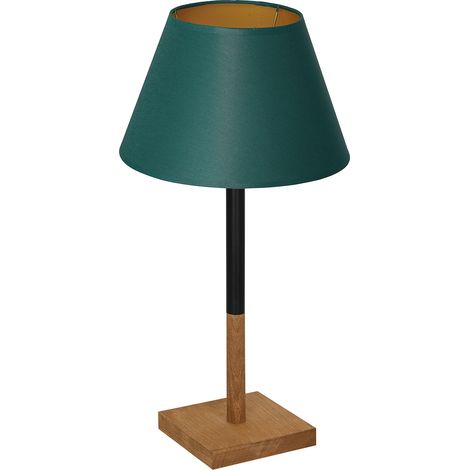 Lampe table bois base carrée abat-jour vert doré E27