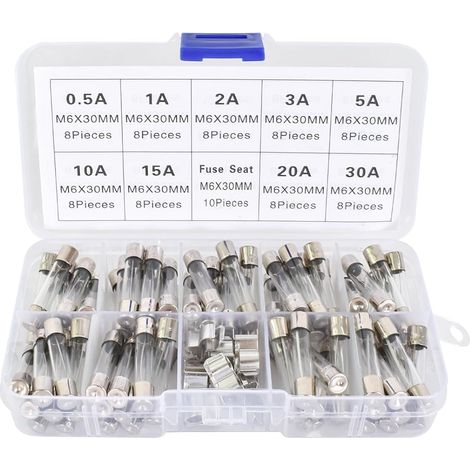 72pcs 9 Values 6 x 30 mm Glass Fuses Kit Fast Blowing Fuses Kit with 10 Pcs Seat Fuses Car Glass Tube Fuse Kit Assorted 250V 0.5A 1A 2A 3A 5A 10A 15A 20A 30A (1/5)