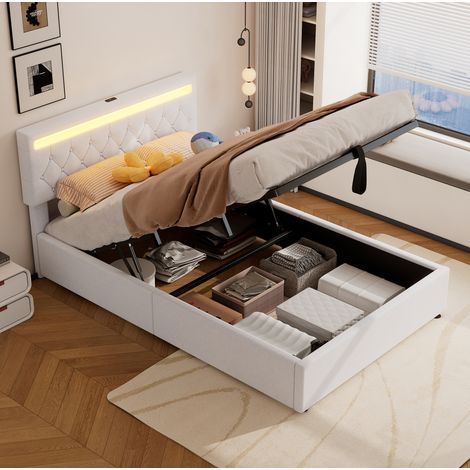 Lit rembourré moderne 140x200 cm en lin blanc avec tête de lit LED, coffre hydraulique et ports USB/USB-C (1/5)