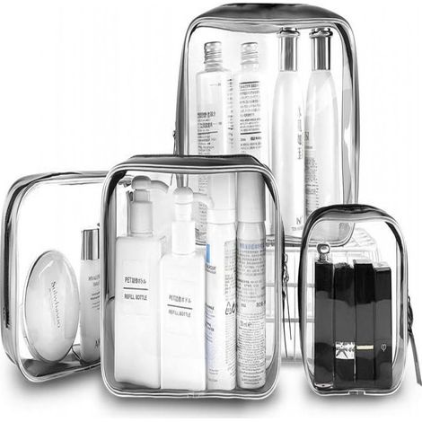 Set mit 4 transparenten, wasserdichten PVC-Kulturbeuteln, ideal für Badezimmer und Reisen. (1/5)