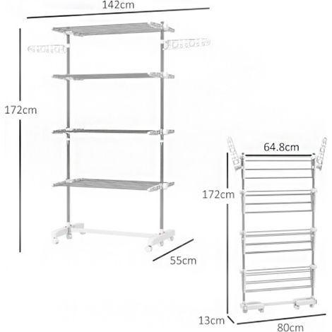 Étendoir à linge mobile – Dimensions 142 x 55 x 172 cm, pliable 4 niveaux, roulettes, système de verrouillage, rallonges latérales, ABS blanc – Séchage modulable et compact (1/5)