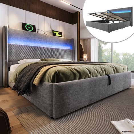 Bett mit Stauraum Leinen Grau 160x200 cm, hydraulisch, mit LED, USB/Type-C und Lattenrost