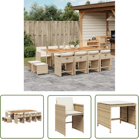 The Living Store 13-tlg. Garten-Essgruppe mit Kissen Beige Poly Rattan - Gartenmöbel Set - Gartentisch - Gartenstühle - Gartenhocker - Rattan Möbel (1/5)