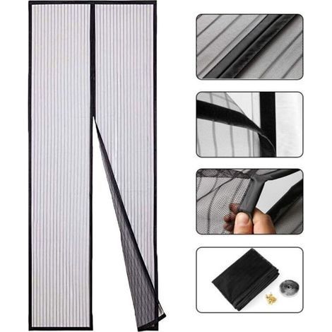 Magnetische Fliegengittertür, 90 x 210 cm, Fenster-Fliegengittertür mit Streifen, magnetischer Fliegengittertürvorhang (schwarz) (1/4)