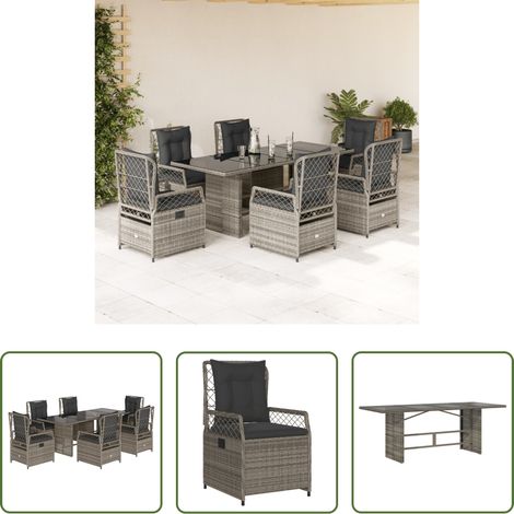 vidaXL Gartentisch - 7-tlg. Garten-Essgruppe mit Kissen Grau Poly Rattan (1/5)