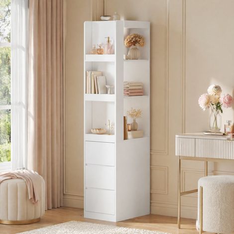 Schmale Bibliothek 200 cm, 3 offene Fächer und 3 Schubladen, 60 x 40 x 200 cm, weiß HAVRYA (1/5)