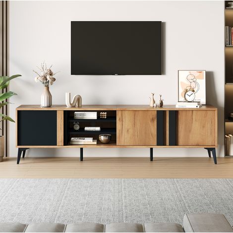 Meuble TV 180x40x50 cm marron et noir en panneaux de particules avec rangement, passe-câbles et pieds réglables (1/5)