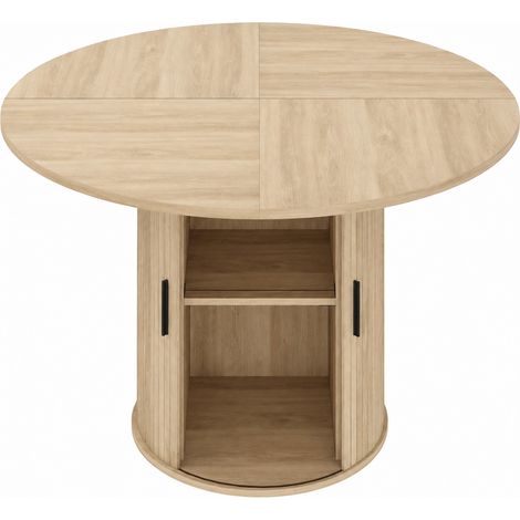 Table Ronde en Bois, Rangement Intégré, 120 cm Table à Manger Ronde, 4 à 6 Personnes, Double Étagère Et Porte Coulissante, Bois