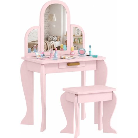 Homcom – Coiffeuse enfant 3 miroirs – Tiroir de rangement – MDF rose – Dimensions 52L x 32l x 85H cm – Pour filles 3-6 ans (1/5)