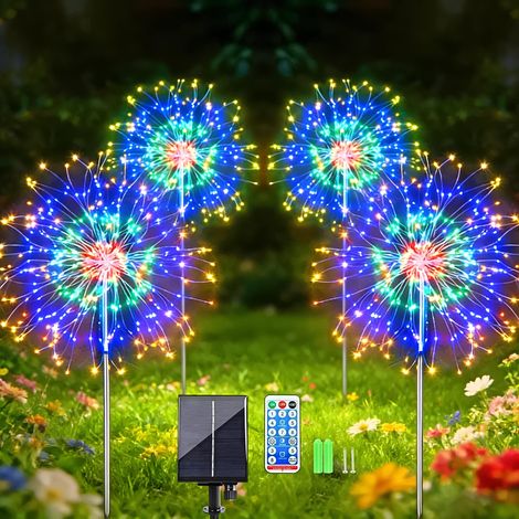 Feu d artifice Lot 4 lampes solaires d extérieur 120 LED colorées IP65 Résistantes intempéries télécommande Éclairage (1/5)