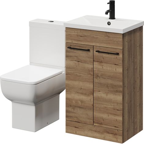 Wholesale Domestic Alessio Tobacco Oak 500mm Vanity Unit and Toilet Suite including Open Back Toilet and Floor Standing Vanity Unit with 2 Doors and Matt Black Handles (1/5)