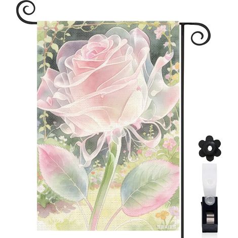 Bannière de cour rose transparente et clôture blanche 30 x 45 cm décoration maison de campagne (1/5)