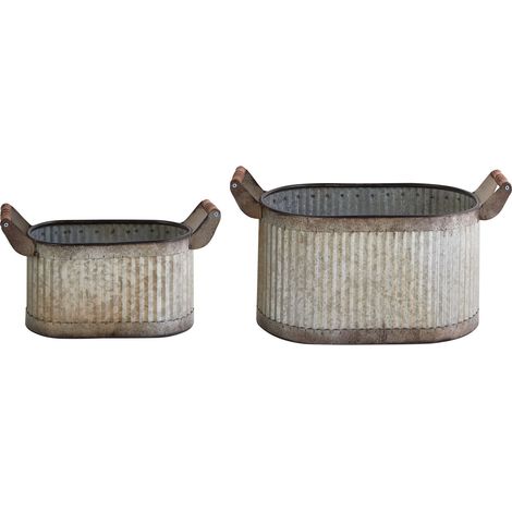 Set di vasi in metallo per piante da interno da esterno in ferro con manici in legno effetto invecchiato grigio Tulpie