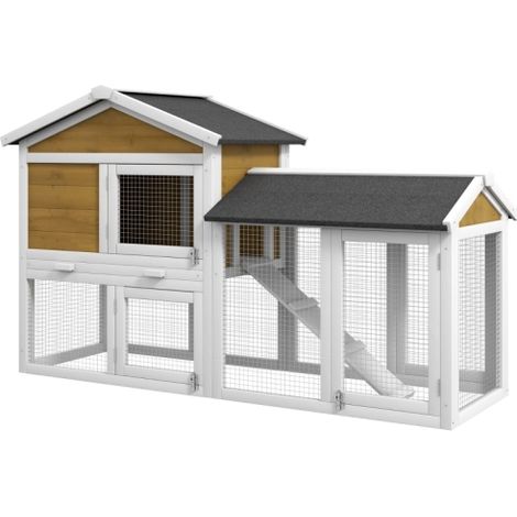Outdoor Double Tier Wooden Rabbit Hutch with Water-Resistant Roof and Ramp, 147 x 54 x 84 cm, Yellow Finish (1/5)