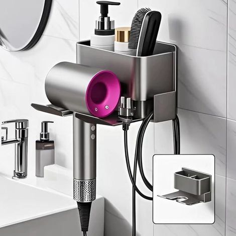 Soporte de pared para secador de pelo – Ideal para dormitorios, hoteles y baños – No requiere perforaciones, con gestión de cables – Gris (1/5)