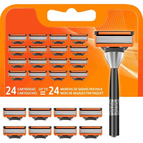 Paquet de 24 Lames de Rasoir fusion 5, Lames de Rasoir Humide pour Hommes, 1 Réutilisable Manche + 24 Cartouches De Recharge, Lames de Rasoir de Sécurité pour Tailler les Poils du Corps et la Barbe (1/5)