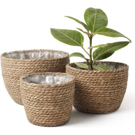 Cache-pots de fleurs - - Lot de 3 - Jonc de mer - Marron - Étanche marron (1/5)