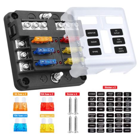 6 Voies Boîte Fusibles 12V, Porte Fusible Blocs Fusible Lame avec 16 Fusibles 6 Voyants LED Couvercle de Protection pour 12V/24V Voiture Automobile Bateau Marine Camion SUV
