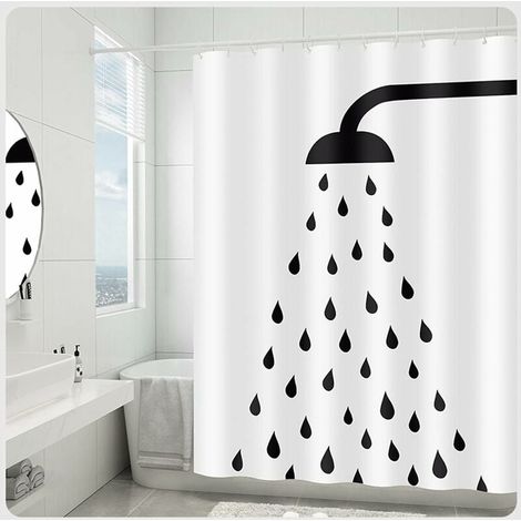 Cortinas de ducha, cortina de ducha antimoho con estampado de gotas de agua, 180 x 180 cm, blanco y negro. (1/5)