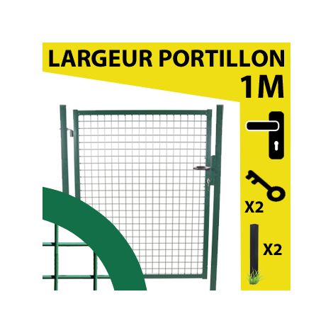 Cloture & Jardin – Portillon grillagé vert 1m – Ouverture poussant droit et tirant gauche – Grillage maille 50x50mm – Pour espaces extérieurs