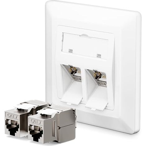 prise réseau à 2 ports CAT 7 + 2 modules Keystone RJ45 CAT 7, prise Ethernet LAN 10 Gbit/s, blanc (1/5)