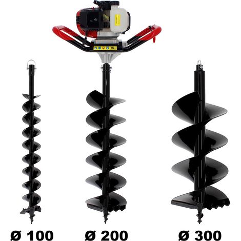 Tarière thermique semi-professionnelle 62 cm³ – Moteur 2 temps – Vitesse de forage ajustable – Lot de 3 mèches 100/200/300 mm – Suricut