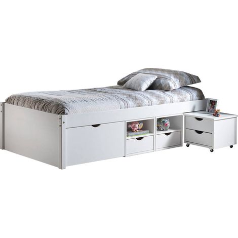 Dmora Lit avec rangements et chevet à roulettes inclus en pin massif verni à l'eau blanc, 209 x 96 x 47,5 cm