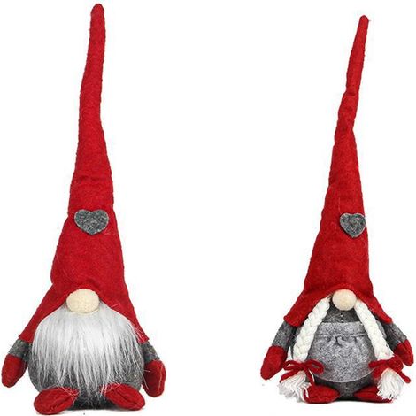 Conjunto de 2 figuritas de gnomos navideños sin rostro que llevan gorros rojos altos con estampados de corazones, ideales para decorar la mesa o como regalo. (1/5)
