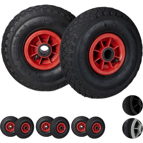 Set di 8 Ruote 3.00-4 per Carriola, Ruote ad Aria, 260x85 mm, Cerchione in Plastica, Asse 25mm, nero-rosso