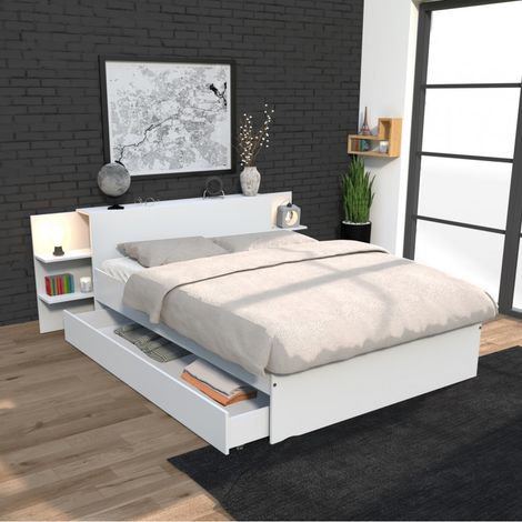 Le Quai Des Affaires – Lit adulte 140x190 cm avec tête de lit étagère et tiroir de rangement – Structure en panneau de particules blanc – Dimensions 216x216x80 cm (1/4)