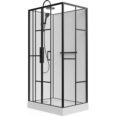 Cabine de douche rectangulaire sérigraphiée - Installation réversible - Blanc et Noir mat - L110 x l80 x H225 cm - GAVILA (1/5)