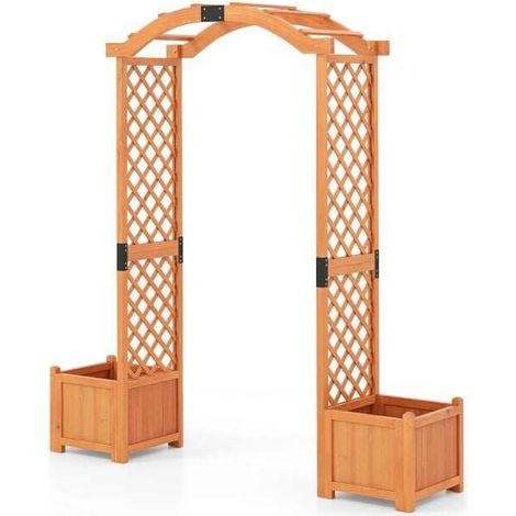 Arche de jardin jaune en bois de sapin 201 cm avec 2 jardinières et treillis latéral pour plantes grimpantes, pour cour (1/5)