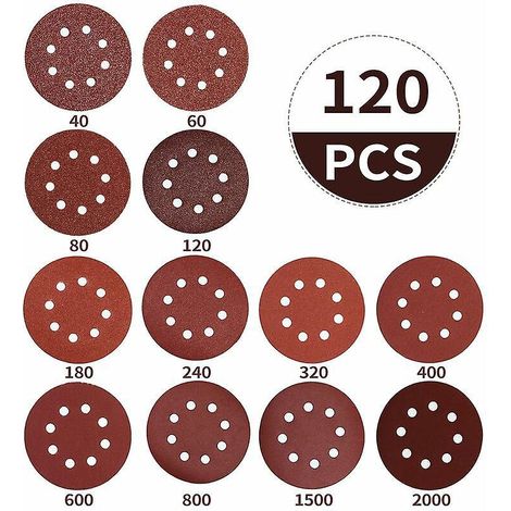 disque De Ponage 120 Pices, Papier De Verre 125mm 8 Trous, Adapt Au Disque De Ponage De Meuleuse Excentrique, Disque De Ponage Grain 10 X 40/60/80 (1/5)