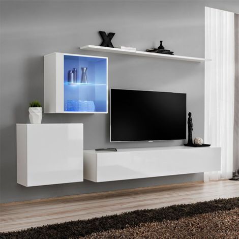 Meuble TV Mural Design "Switch XV" 260cm Blanc (1/5)