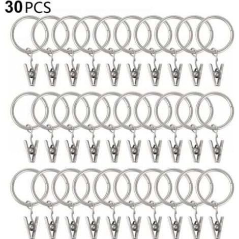 Lot de 30 anneaux de rideaux avec clips, solides, crochets sur supports de tringle, œillets métalliques de diamètre intérieur, pour rideaux décoratifs, cadres de fenêtre, argent,25mm (1/4)