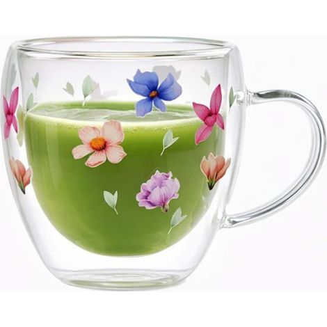 Mug Verre Double Paroi - 250 ml - Motifs Floraux Pastel - Cadeau Femme (1/5)