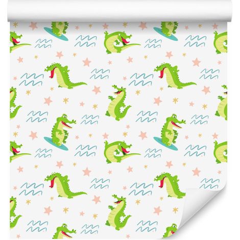 Carta da parati con motivo coccodrillo nei colori bianco, lime, crema e menta per soggiorno e camera da letto, 50x1000 (1/5)